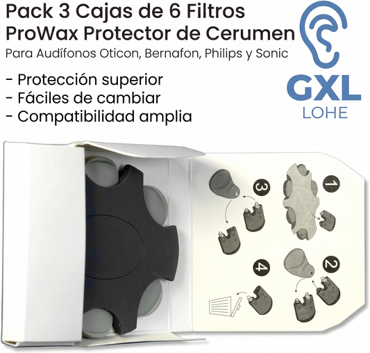 Pack 3 cajas 18 Filtros ProWax para Audífonos Oticon, Bernafon y Philips