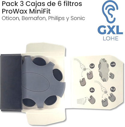 Pack ProWax MiniFit de 3 Cajas de 6 Filtros para Audífonos Oticon, Bernafon y Philips. 18 Filtros ProWax MiniFit