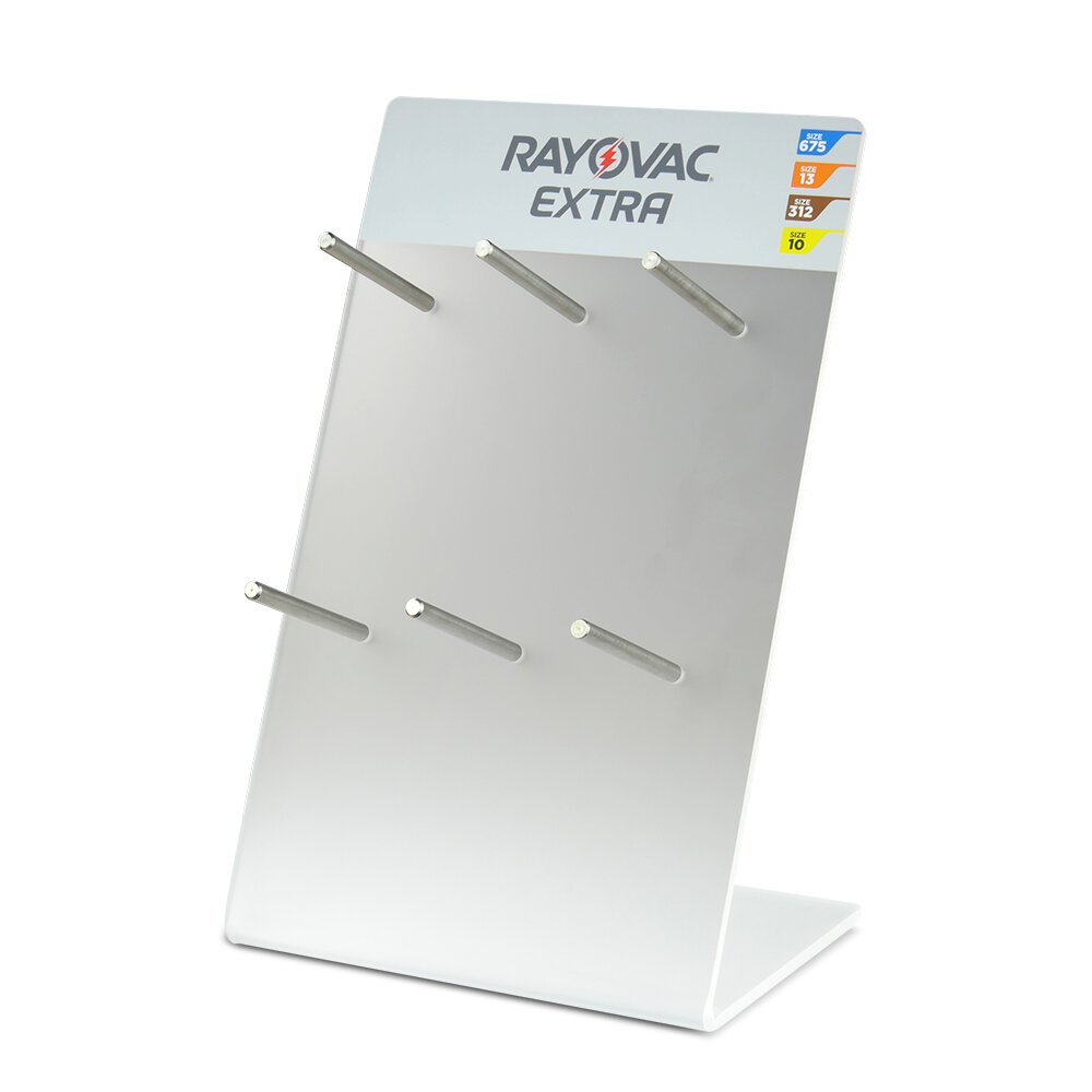 Expositor de mostrador Rayovac Extra para pilas de audífono — 6 clavijas, metacrilato