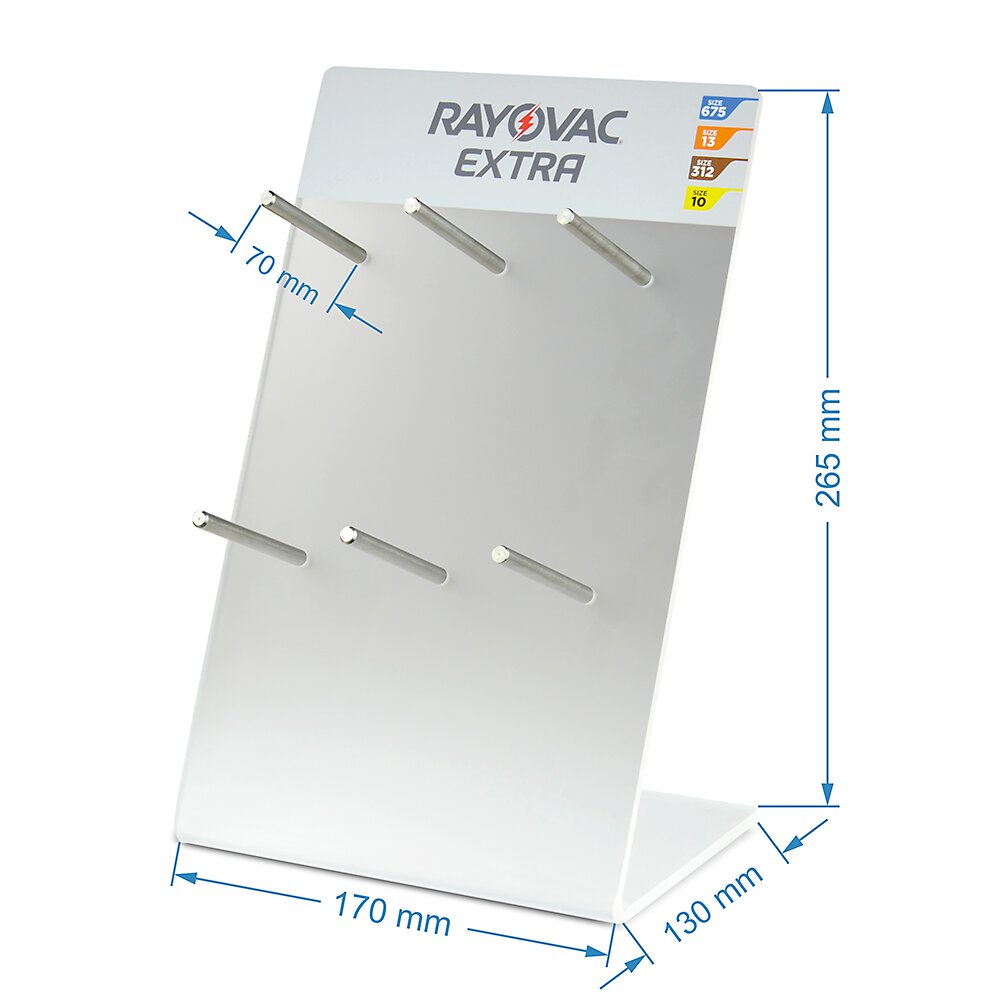 Vista frontal expositor Rayovac Extra pilas audífono 6 ganchos