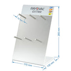 Vista frontal expositor Rayovac Extra pilas audífono 6 ganchos
