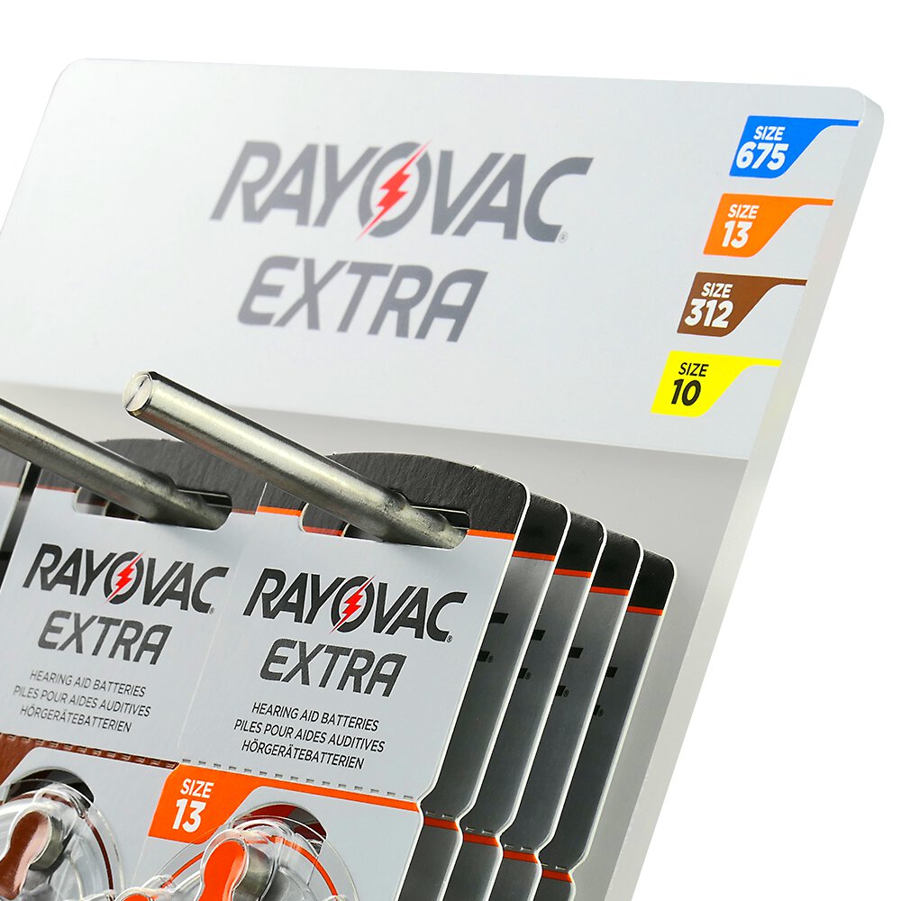 Expositor Rayovac para pilas de audífono con blísteres cargados en consulta