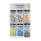 Detalle cabecera expositor Rayovac Extra con código de colores tamaños 10 13 312 675