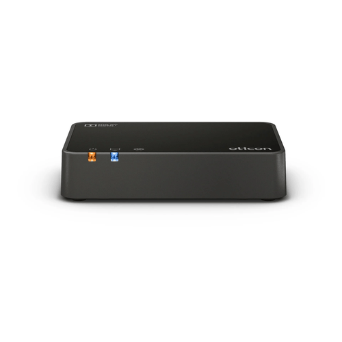 Adaptador de TV Oticon 3.0 para audífonos Oticon, vista frontal sobre fondo blanco